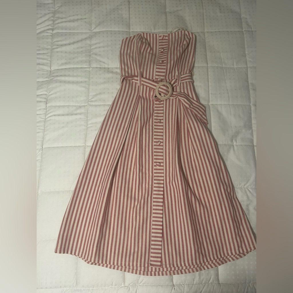 Zara Red And White Strapless Belted Midi Dress